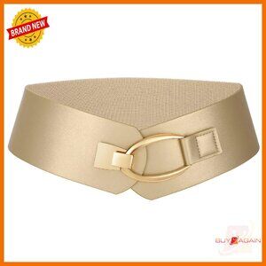 Women's Wide Elastic Belt with Gold Buckle for Dresses and Jeans